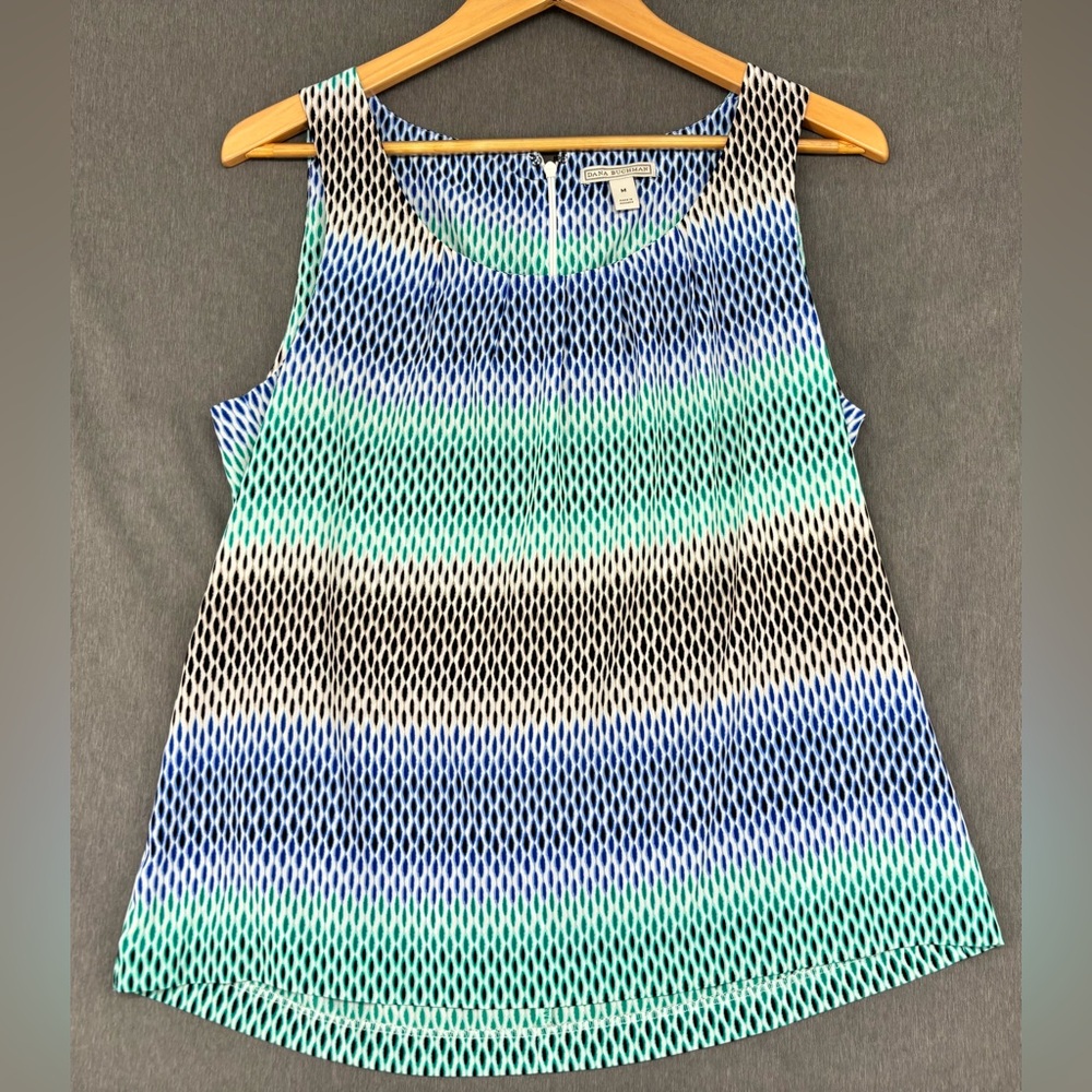 Dana Buchman Women’s Sleeveless Blouse Blue Green Black Geometric Print Zip M